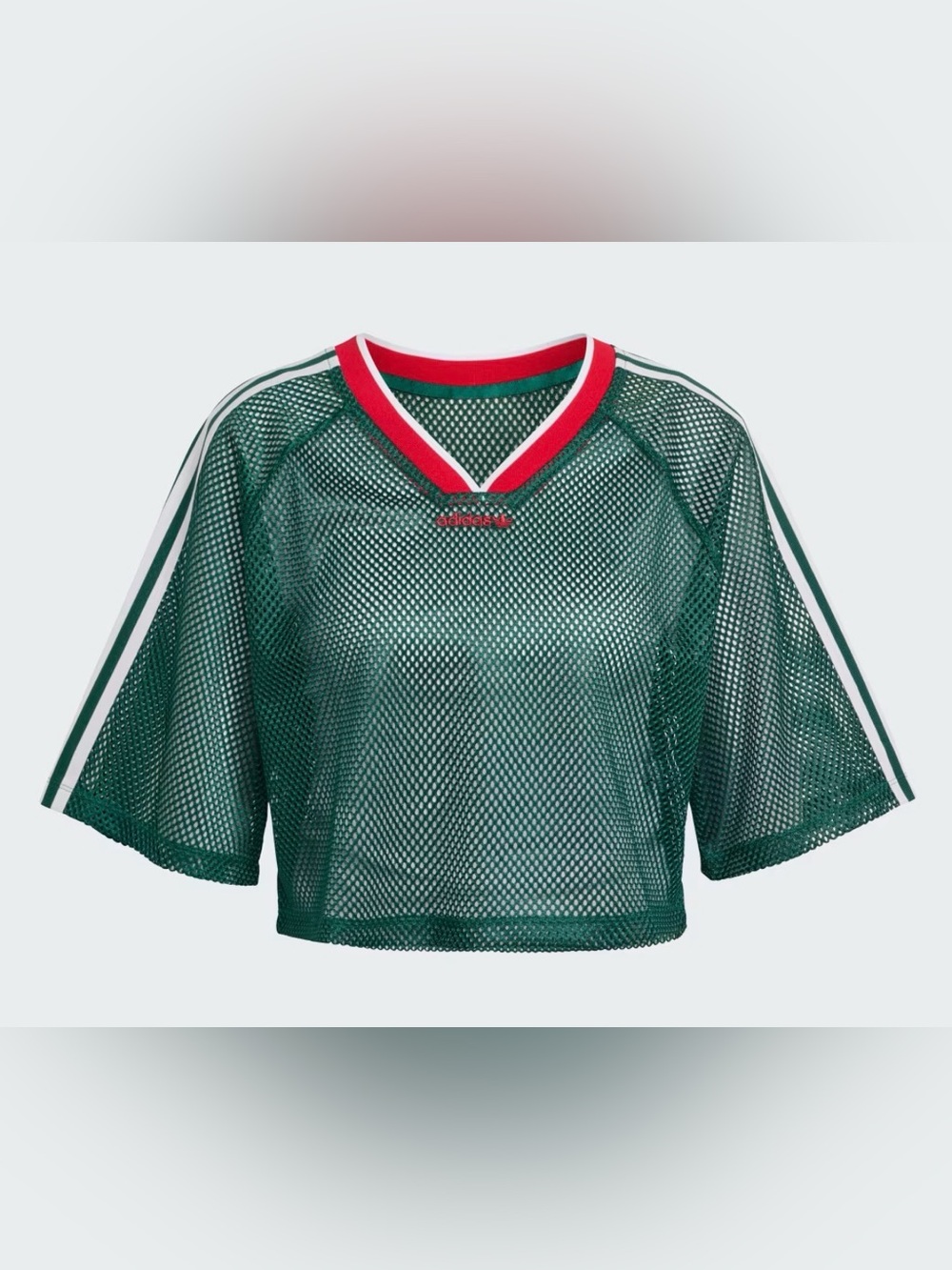 Green Mesh V-Neck Crop Top with Red Trim